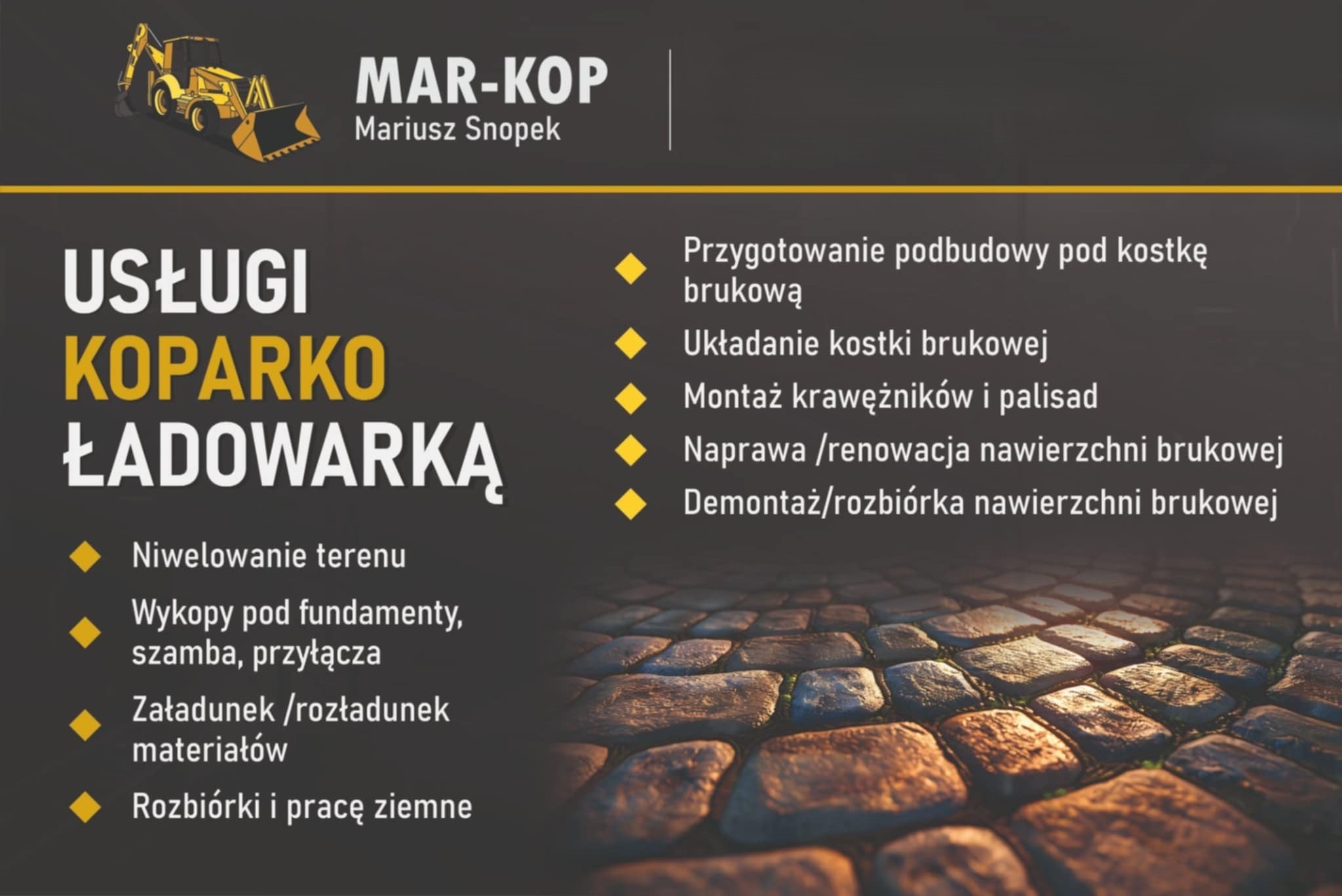 Baner reklamowy firmy Mar-Kop oferującej usługi koparko-ładowarką, w tym układanie kostki brukowej, wykopy, niwelację terenu i rozbiórki. Grafika z koparką i kostką brukową.