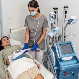 Skin-Medic klinika medycyny estetycznej (Klinika AK sp z oo) - Kobieta poddaje się zabiegowi kriolipolizy na brzuchu w gabinecie medycyny estetycznej. Kosmetolog w uniformie i rękawicach obsługuje urządzenie.