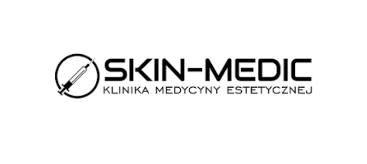 Minimalistyczne logo kliniki medycyny estetycznej Skin-Medic, z symbolem strzykawki w okręgu, na białym tle. Czarny napis 'KLINIKA MEDYCYNY ESTETYCZNEJ' pod nazwą.