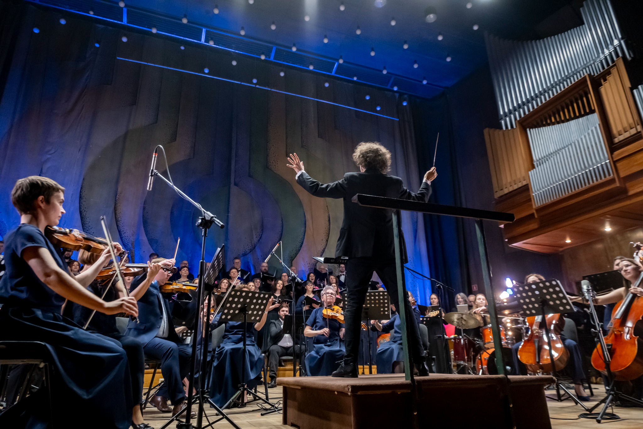 Orkiestra symfoniczna z dyrygentem na scenie koncertowej, w tle organy piszczałkowe. W pierwszym planie skrzypce i kontrabasy, oświetlenie sceniczne.