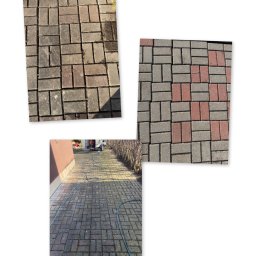 Kolaż: kostka brukowa przed i po czyszczeniu. Na dole widok na umytą kostkę z wężem ciśnieniowym. Efekt czyszczenia kostki brukowej, prezentacja różnicy.