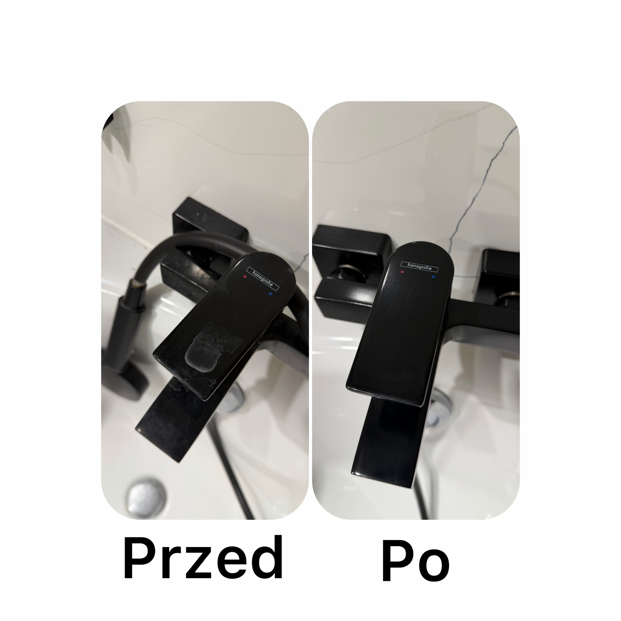 Bateria umywalkowa Hansgrohe: porównanie stanu przed i po czyszczeniu. Widoczne usunięcie osadu i przywrócenie połysku czarnej powierzchni.