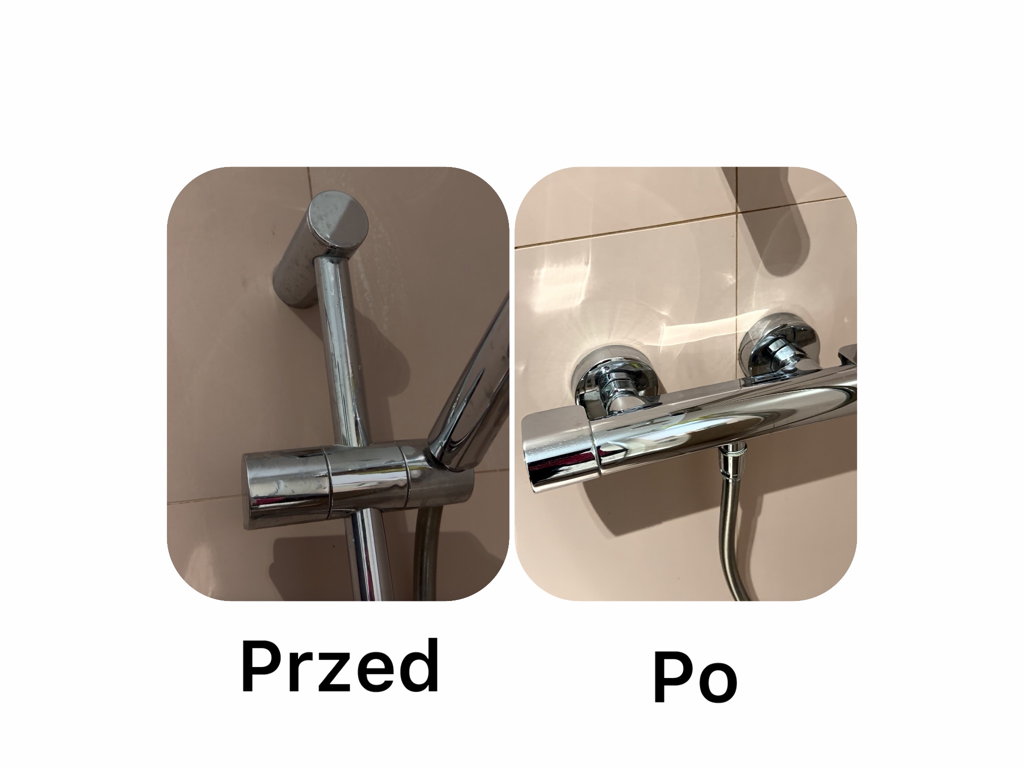 Zdjęcie 'przed i po' czyszczenia baterii prysznicowej. Po lewej bateria zabrudzona, po prawej lśniąca, wyczyszczona bateria. Widoczne płytki w tle.