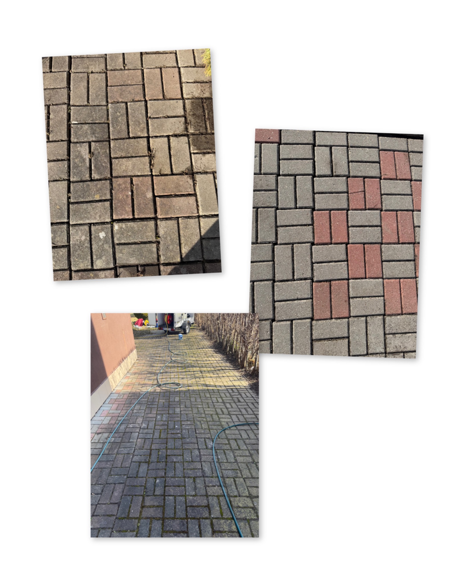 Kolaż: kostka brukowa przed i po czyszczeniu. Na dole widok na umytą kostkę z wężem ciśnieniowym. Efekt czyszczenia kostki brukowej, prezentacja różnicy.