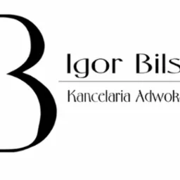 Eleganckie logo Kancelarii Adwokackiej Igor Bilski z dużą literą 'B' po lewej stronie i nazwą kancelarii po prawej, wszystko w czerni na białym tle.