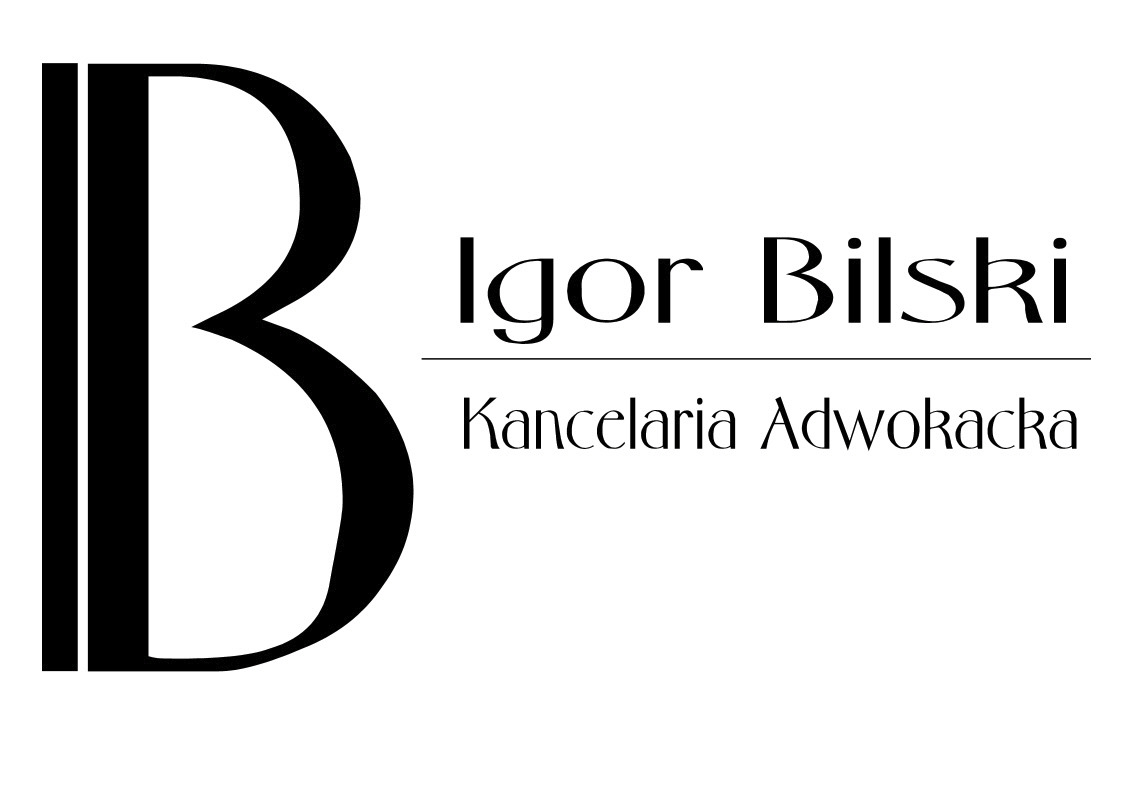 Eleganckie logo Kancelarii Adwokackiej Igor Bilski z dużą literą 'B' po lewej stronie i nazwą kancelarii po prawej, wszystko w czerni na białym tle.