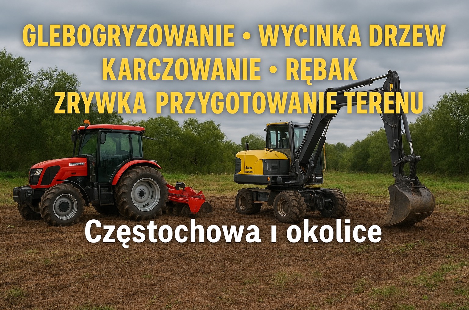 Częstochowa i okolice: czerwony traktor z glebogryzarką obok żółto-czarnej koparki na przygotowanym terenie. W tle drzewa i pochmurne niebo.