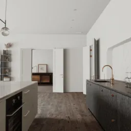 Nowoczesna kuchnia z wyspą, ciemnym drewnem i marmurowym blatem. Oświetlenie punktowe i dekoracje na półkach dodają wnętrzu charakteru.