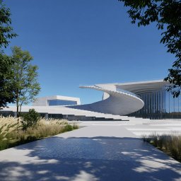 ICON STUDIO ALEKSANDER PAWLUS - Nowoczesny budynek z zewnętrznymi schodami spiralnymi, otoczony zielenią i ścieżką. Minimalistyczna architektura z dużymi przeszkleniami w słoneczny dzień.