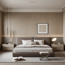 ICON STUDIO ALEKSANDER PAWLUS - Neutralna sypialnia z łóżkiem, szafkami nocnymi i obrazem. Minimalistyczne lampy wiszące, roślina w oknie i książka na dywanie dodają przytulności. Stonowana kolorystyka.