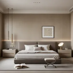 Neutralna sypialnia z łóżkiem, szafkami nocnymi i obrazem. Minimalistyczne lampy wiszące, roślina w oknie i książka na dywanie dodają przytulności. Stonowana kolorystyka.
