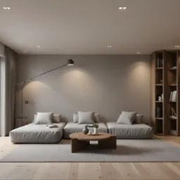 Minimalistyczny salon z modułową sofą, okrągłym stolikiem i drewnianym regałem. Duże okno z widokiem na zieleń. Stonowana kolorystyka, drewniana podłoga, nowoczesne oświetlenie.