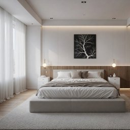 ICON STUDIO ALEKSANDER PAWLUS - Jasna sypialnia z dużym łóżkiem, drewnianym panelem za wezgłowiem i minimalistycznymi lampkami. Obraz z motywem drzewa nad łóżkiem. Subtelne światło i miękkie zasłony.