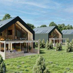 ICON STUDIO ALEKSANDER PAWLUS - Wizualizacja osiedla domów jednorodzinnych z nowoczesną architekturą, zielonymi elewacjami i dużymi przeszkleniami, otoczonych zielenią. Domy posiadają tarasy i pergole.
