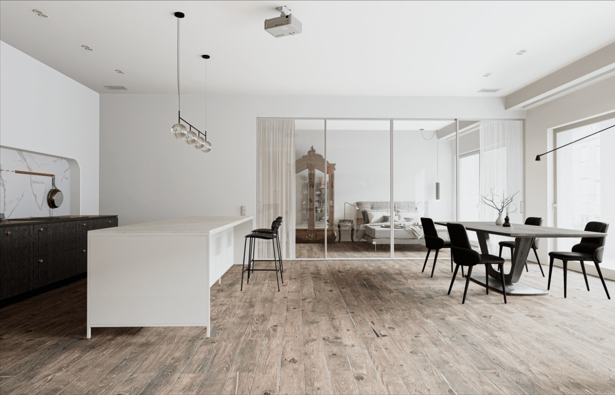 Nowoczesne wnętrze: drewniana podłoga, biała kuchnia z wyspą, stół z czarnymi krzesłami, sypialnia za szklaną ścianą. Projektor na suficie. Minimalistyczny design.