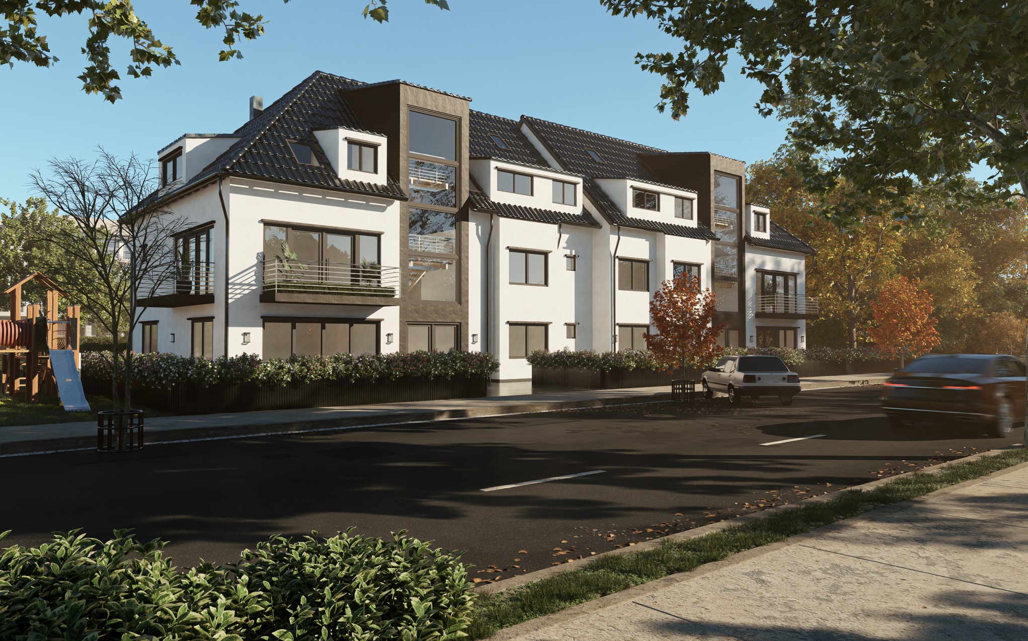 Wizualizacja szeregu nowoczesnych domów z płaskimi dachami, z elementami w kolorze antracytowym i dużymi oknami, na tle jesiennego krajobrazu miejskiego.