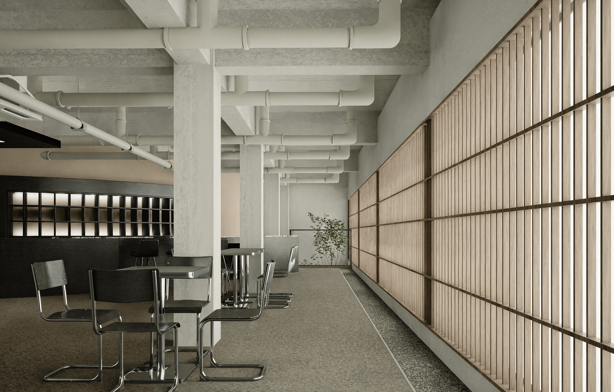 Wnętrze kawiarni z betonowym sufitem i rurami, metalowe krzesła przy stolikach, drewniane panele na ścianie, roślina w tle. Minimalistyczny design.