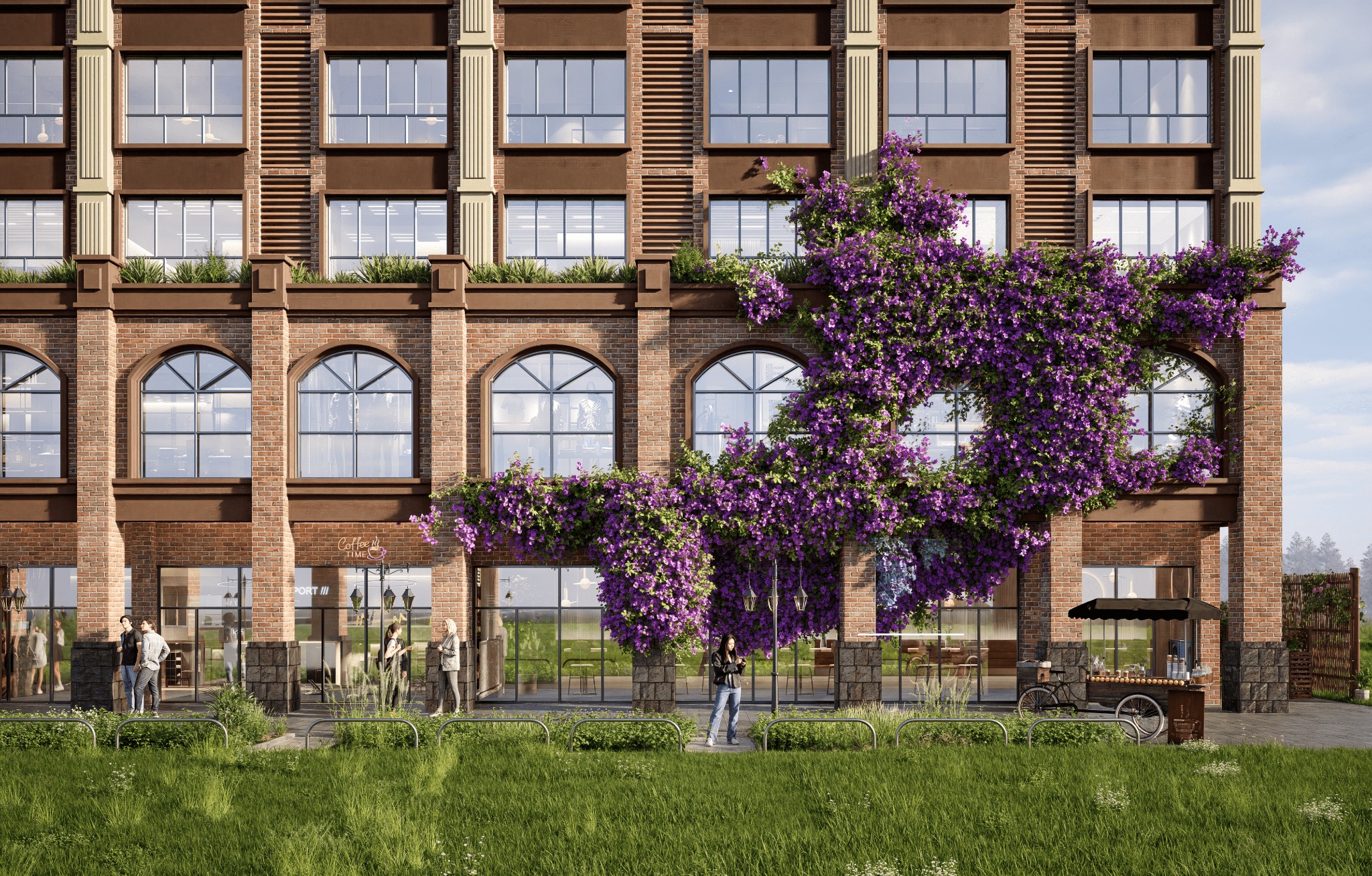 Elewacja budynku z cegły, porośnięta fioletowymi kwiatami. Widoczne duże okna, trawnik i przechodzący ludzie. Na pierwszym planie wózek z przekąskami.