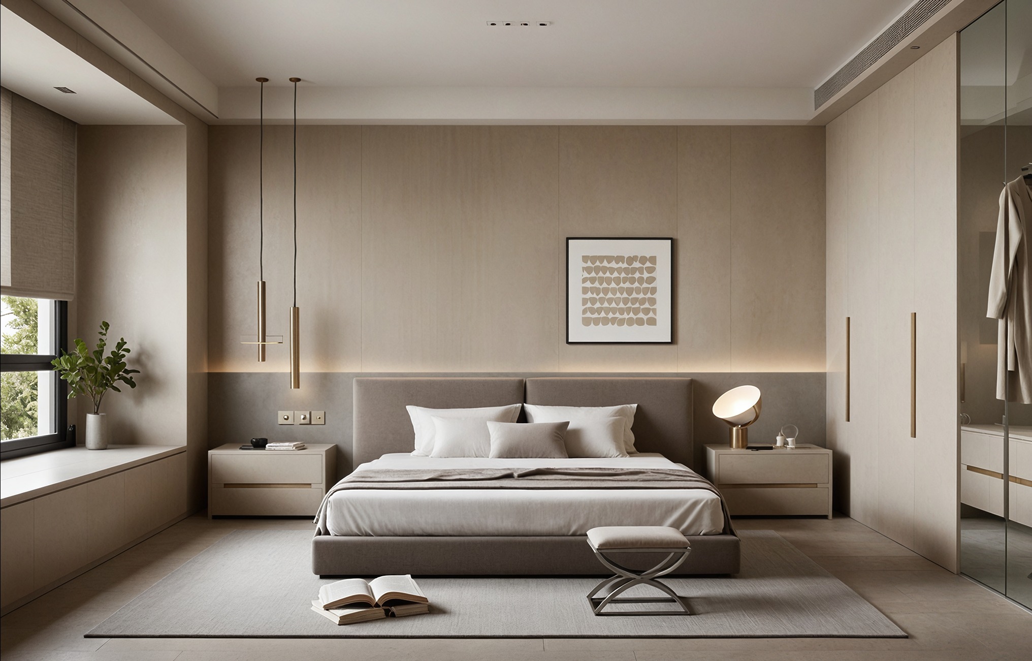 Neutralna sypialnia z łóżkiem, szafkami nocnymi i obrazem. Minimalistyczne lampy wiszące, roślina w oknie i książka na dywanie dodają przytulności. Stonowana kolorystyka.