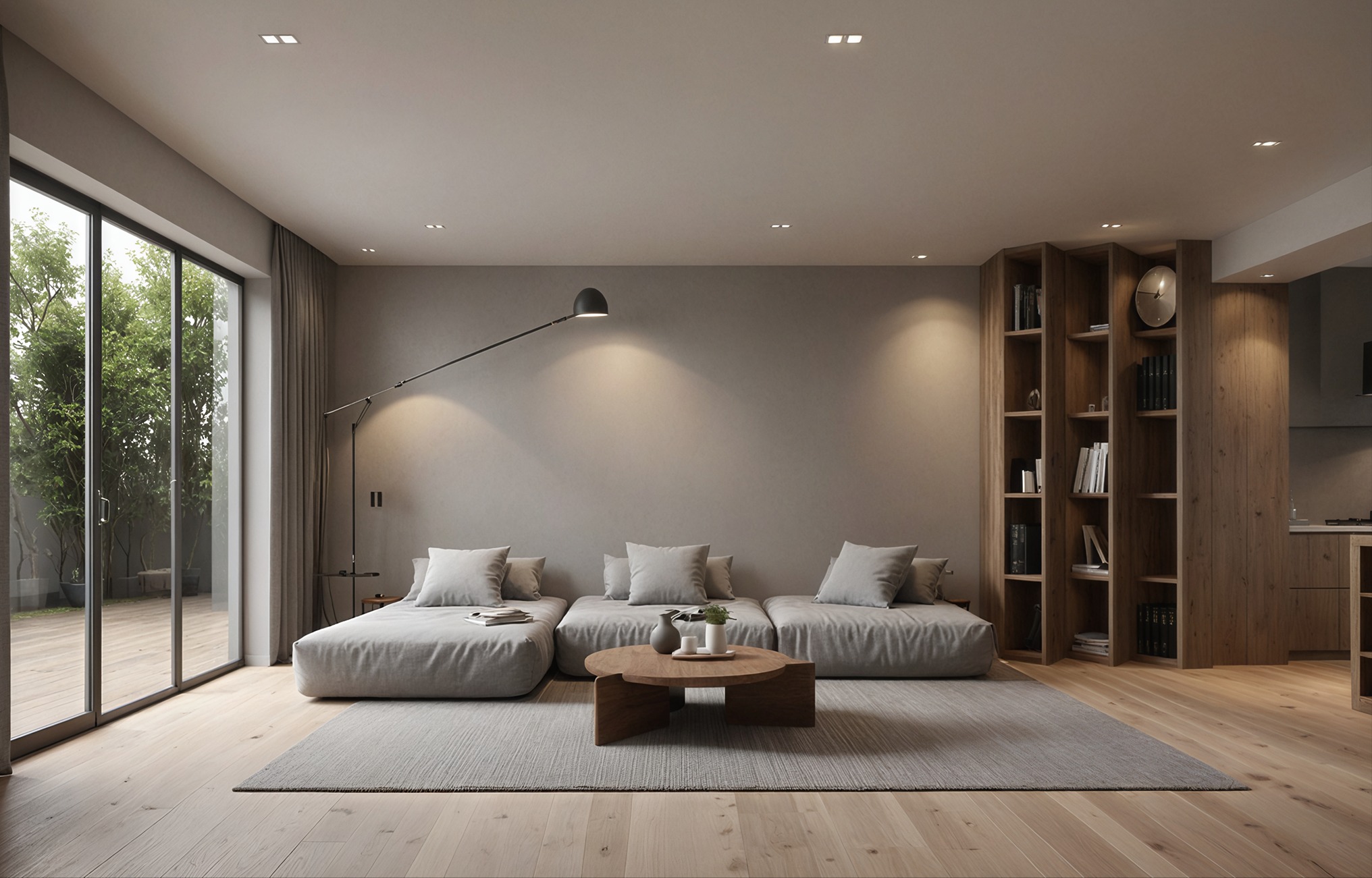 Minimalistyczny salon z modułową sofą, okrągłym stolikiem i drewnianym regałem. Duże okno z widokiem na zieleń. Stonowana kolorystyka, drewniana podłoga, nowoczesne oświetlenie.