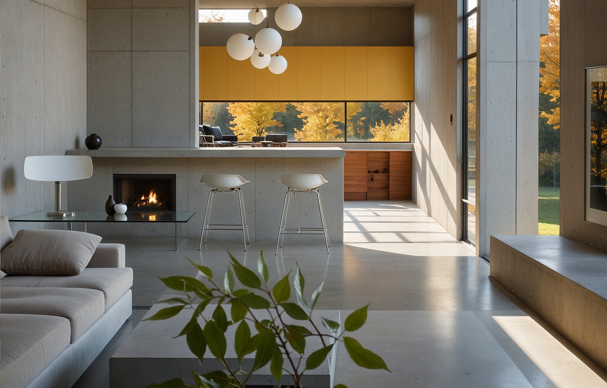 Nowoczesne wnętrze domu z betonowymi ścianami, kominkiem i żółtymi szafkami. Widok na jesienny ogród przez duże okno. Minimalistyczne meble i oświetlenie.