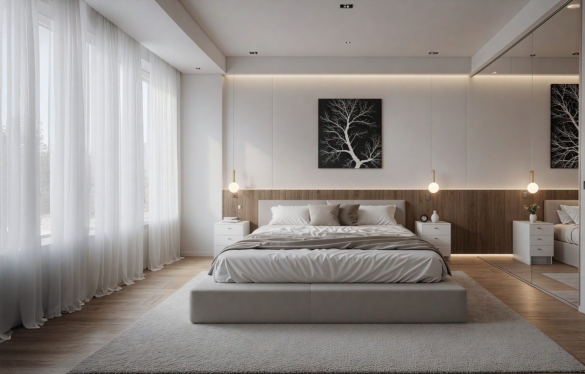 Jasna sypialnia z dużym łóżkiem, drewnianym panelem za wezgłowiem i minimalistycznymi lampkami. Obraz z motywem drzewa nad łóżkiem. Subtelne światło i miękkie zasłony.