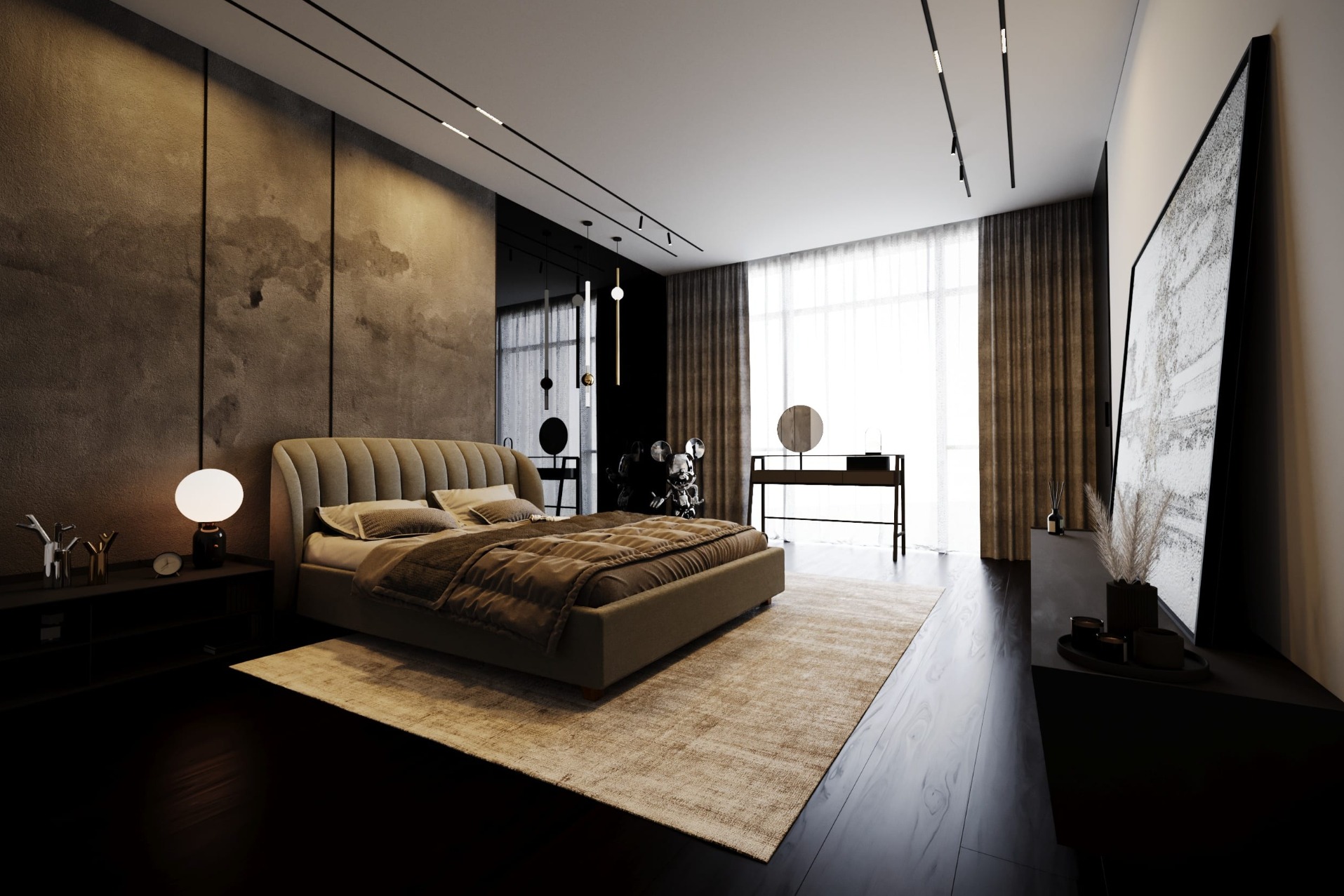 Nowoczesna sypialnia z łóżkiem kontynentalnym w odcieniach beżu i brązu, ciemna podłoga, dekoracyjna ściana, oświetlenie punktowe i duże okno z zasłonami.
