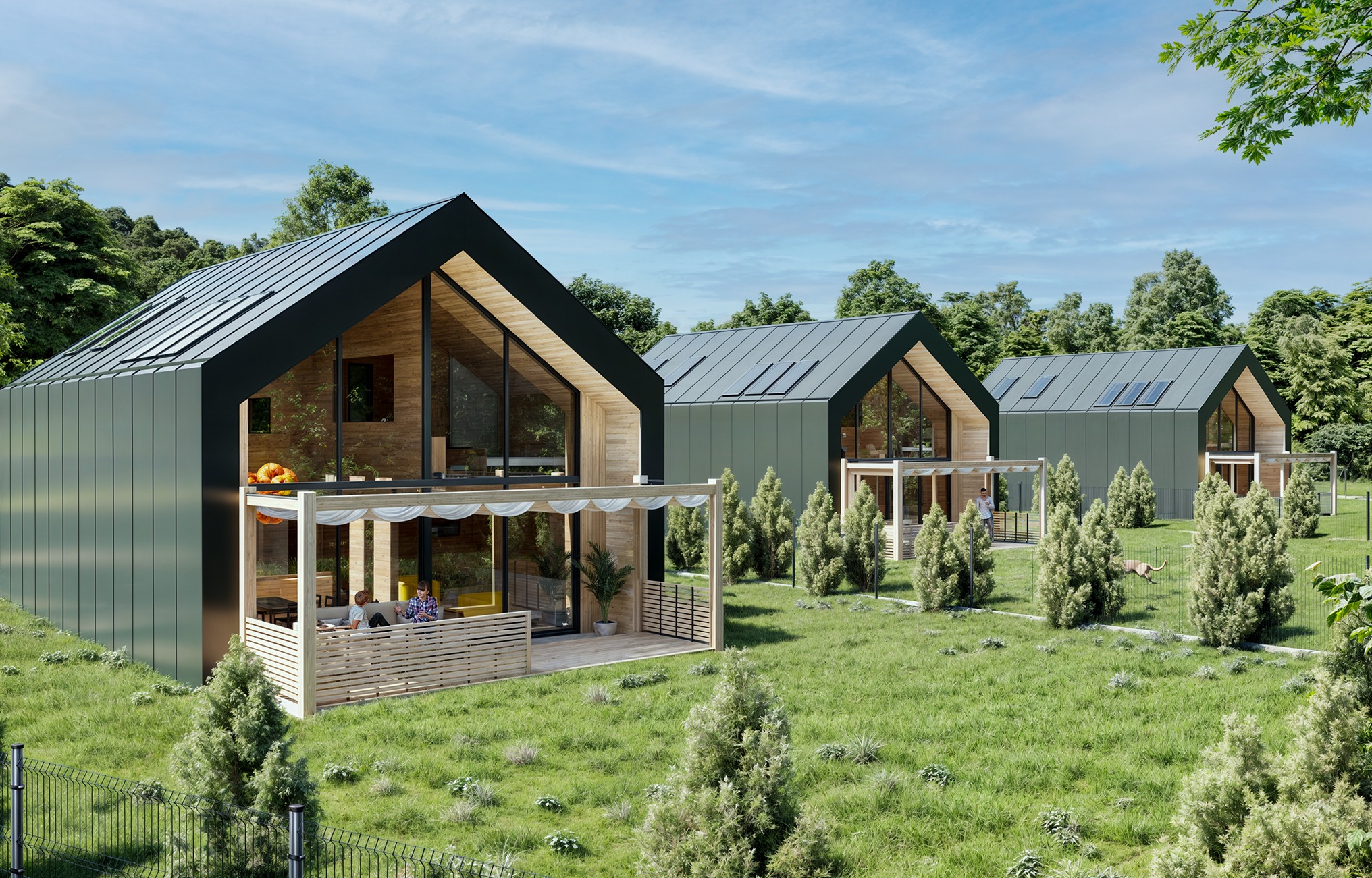 Wizualizacja osiedla domów jednorodzinnych z nowoczesną architekturą, zielonymi elewacjami i dużymi przeszkleniami, otoczonych zielenią. Domy posiadają tarasy i pergole.