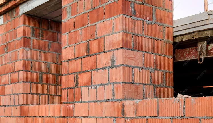 Ściana z czerwonej cegły ceramicznej z widocznymi spoinami, fragment otworu okiennego z betonowym nadprożem, surowy stan budowy, ciepłe oświetlenie.