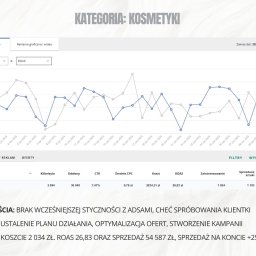 Michał Haberla - Wykres ROAS i kosztów kampanii reklamowej dla kategorii kosmetyki w okresie 06.2025. Dane o kliknięciach, odsłonach, CTR, CPC, zainteresowaniu i sprzedaży.