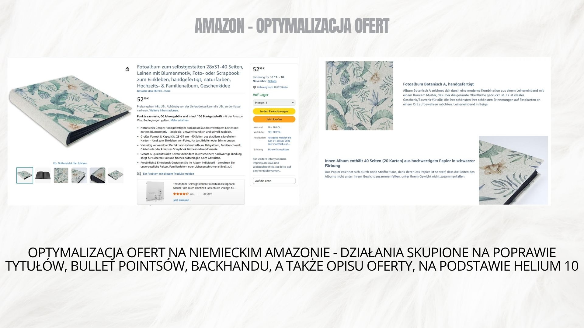 Optymalizacja ofert na Amazonie: tekst prezentuje album do zdjęć z motywem roślinnym, podkreślając działania marketingowe i poprawę opisów ofert.