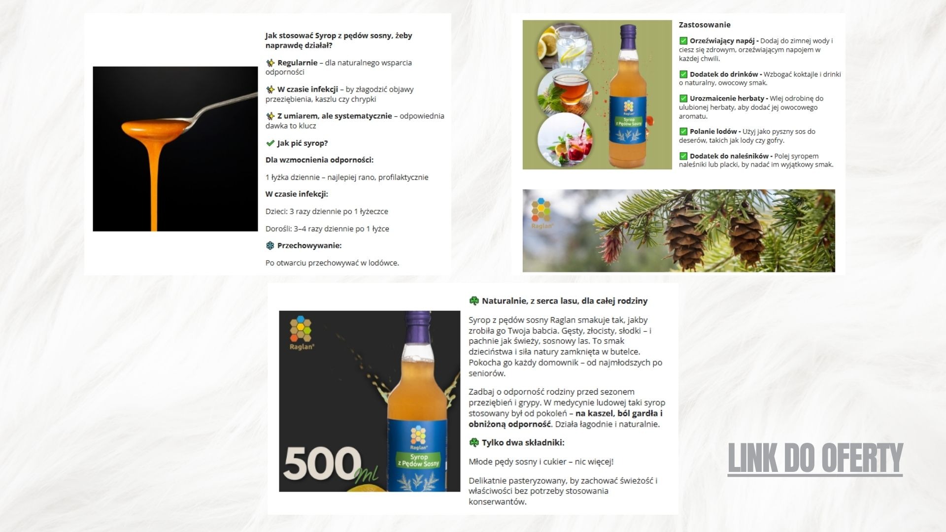 Reklama syropu z pędów sosny Raglan. Informacje o zastosowaniu, składzie i dawkowaniu. Naturalny produkt dla całej rodziny, wsparcie odporności.