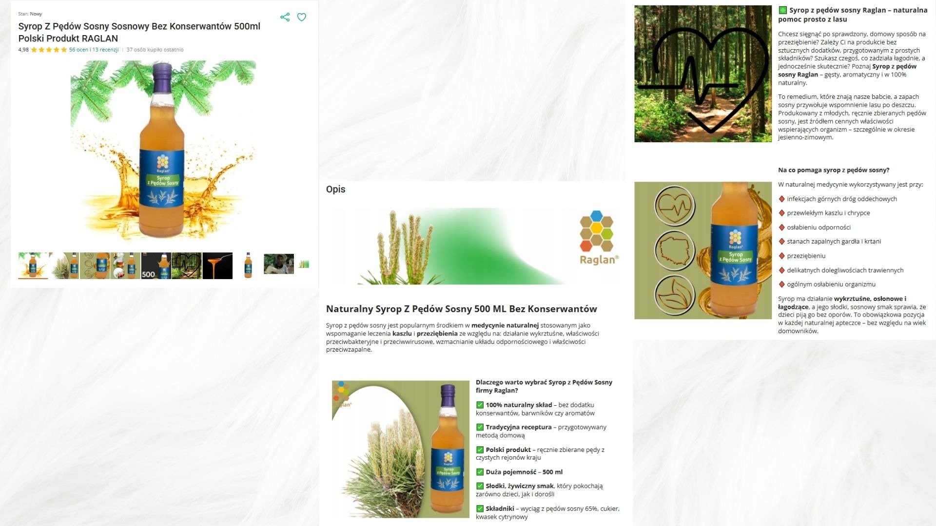 Syrop z pędów sosny Raglan 500ml. Prezentacja produktu z opisem właściwości, składu i korzyści zdrowotnych. Naturalny skład, tradycyjna receptura, polski produkt.