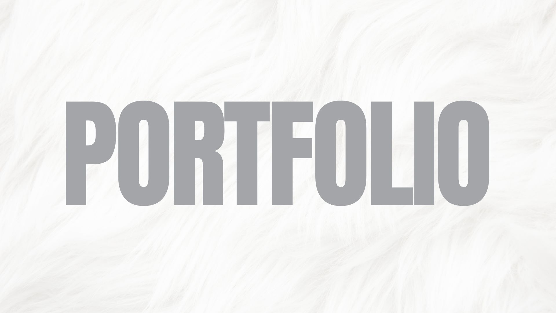 Szary napis 'PORTFOLIO' na rozmytym, białym tle przypominającym futro. Minimalistyczny design, neutralna kolorystyka, tekst w centrum kadru.