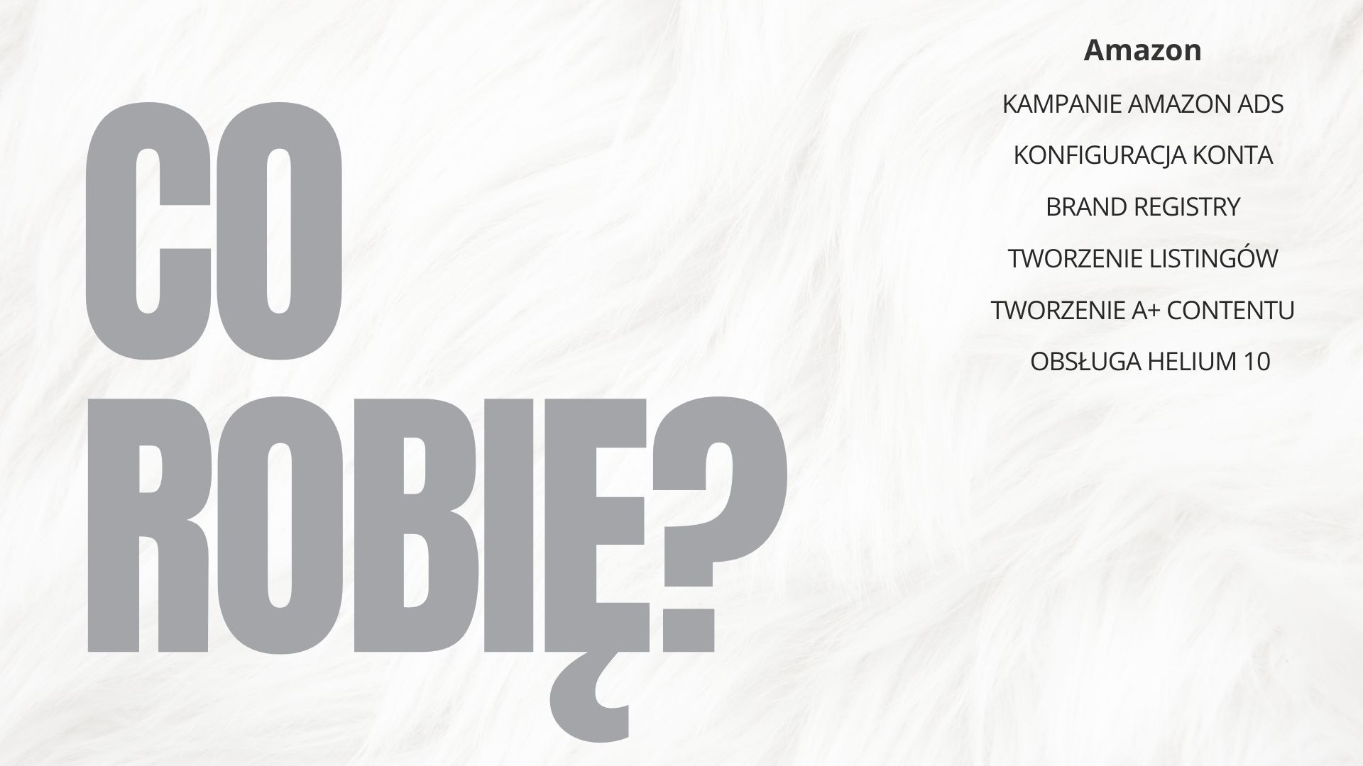 Grafika z pytaniem 'Co robię?' i listą usług Amazon: kampanie Ads, konfiguracja konta, Brand Registry, tworzenie listingów, A+ content, obsługa Helium 10.