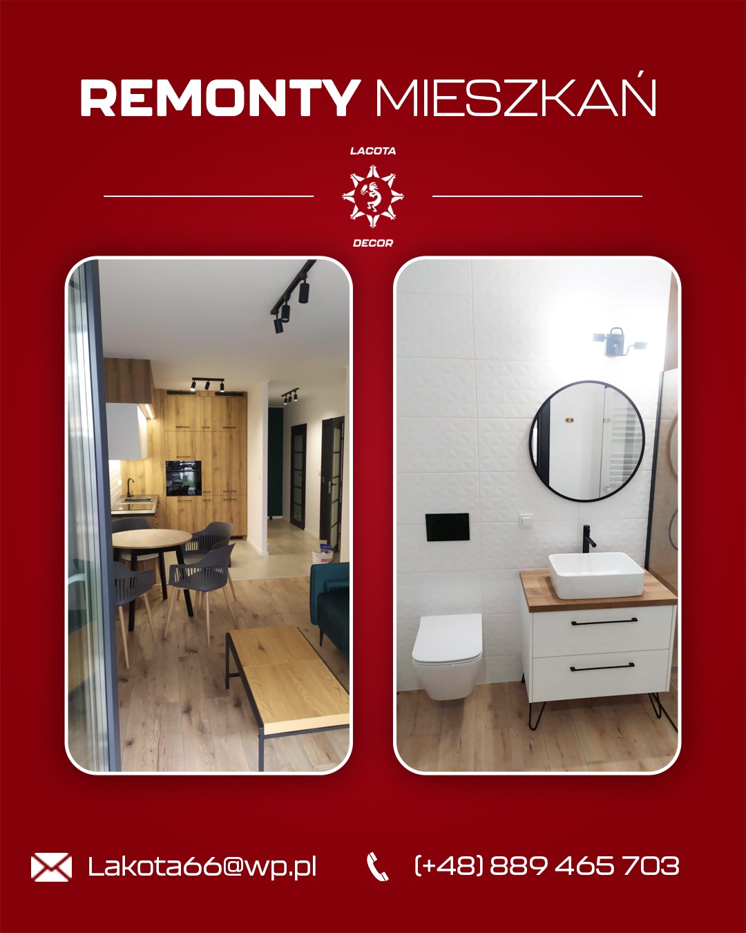 Nowoczesne wnętrze po remoncie: jasna kuchnia z drewnianymi akcentami i minimalistyczna łazienka z okrągłym lustrem, prezentowane w kolażu reklamowym.