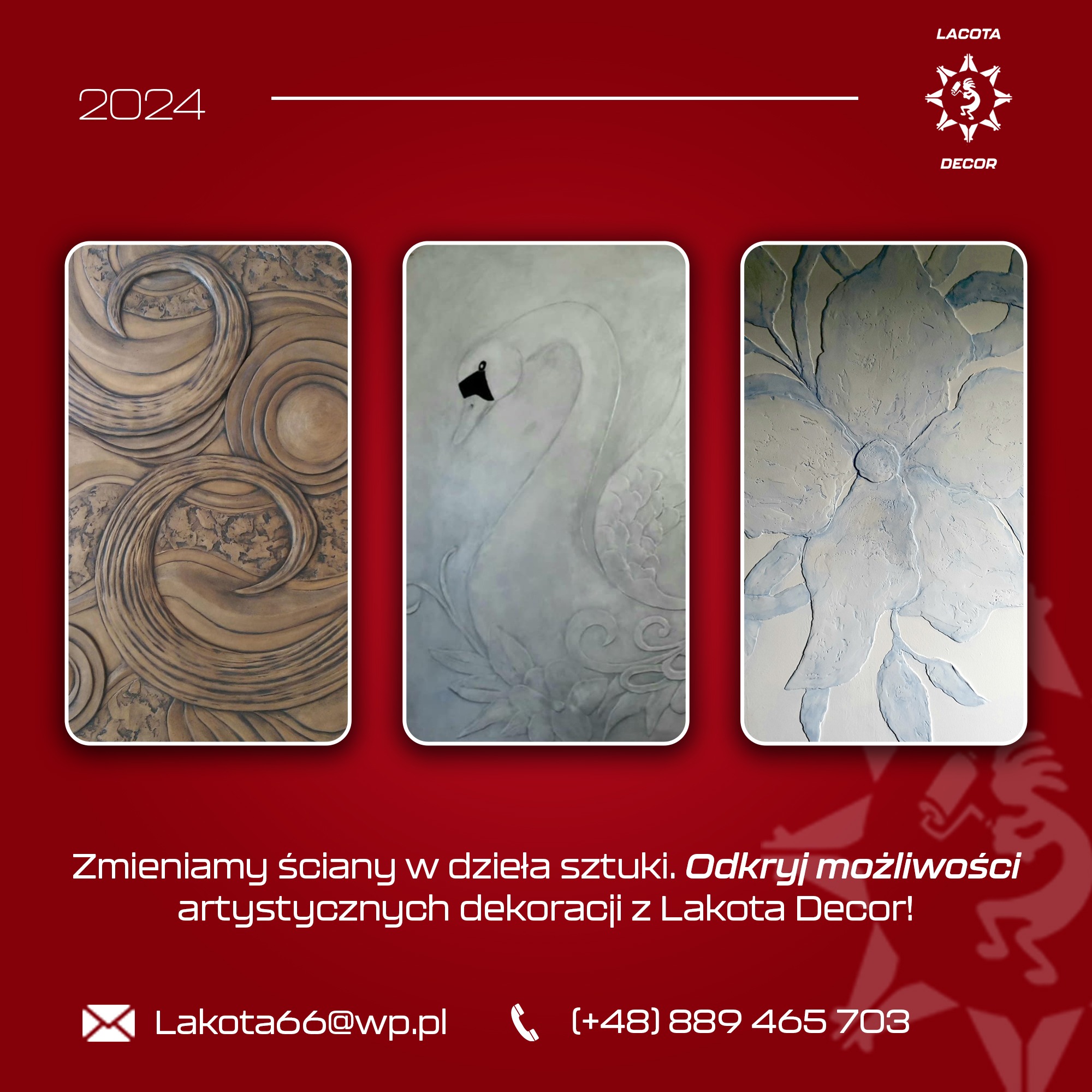 Aranżacje ścian z efektem 3D: abstrakcyjne fale, łabędź i kwiat, prezentowane w reklamie firmy Lakota Decor na czerwonym tle z danymi kontaktowymi.