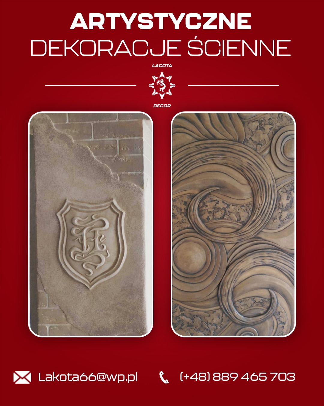 Artystyczne dekoracje ścienne: płaskorzeźba z herbem i abstrakcyjne wzory w Lesznie. Unikatowe zdobienia ścian, detale i faktury. Efektowny design.