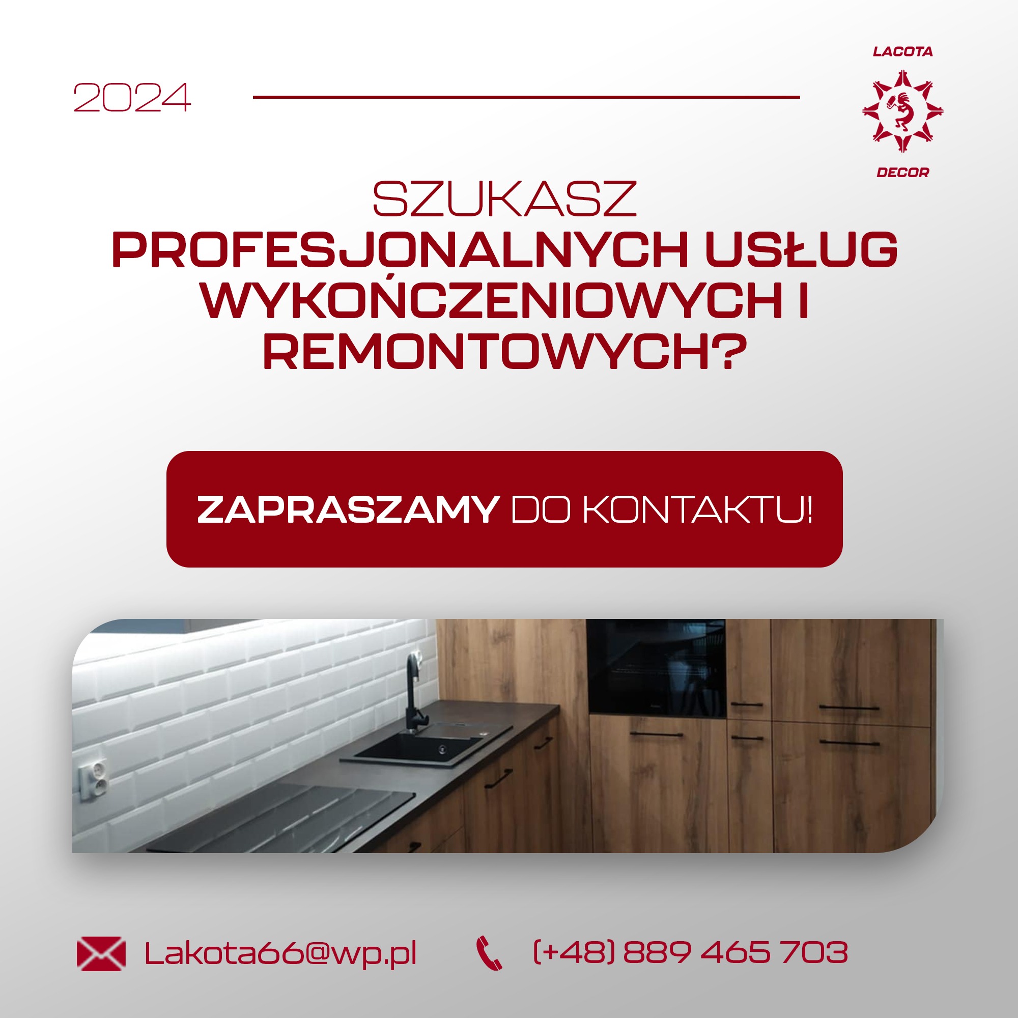 Grafika reklamowa: kuchnia z białymi płytkami i drewnianymi szafkami. Tekst: Szukasz profesjonalnych usług wykończeniowych i remontowych? Zapraszamy do kontaktu!