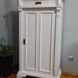 Biała szafa z szufladą i drewnianym blatem w stylu retro, widoczna roślina w czarnej donicy. Realizacja z Pomorska.