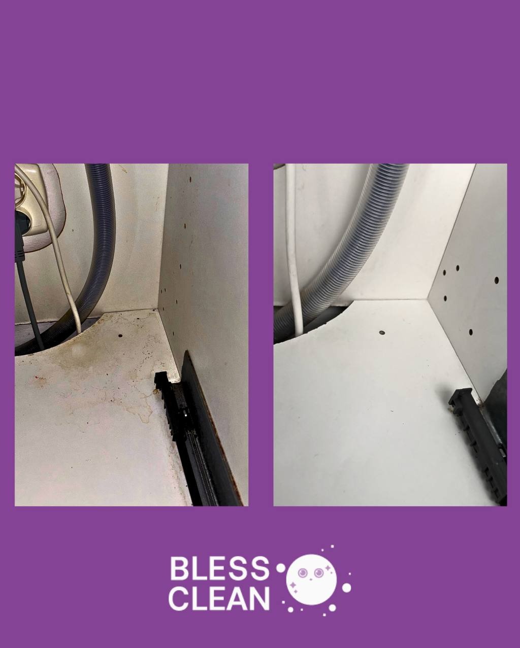 Zdjęcie 'przed i po' prezentujące czystą przestrzeń pod zlewem, z widocznymi rurami i elementami szafki, kontrastujące stan przed i po sprzątaniu.