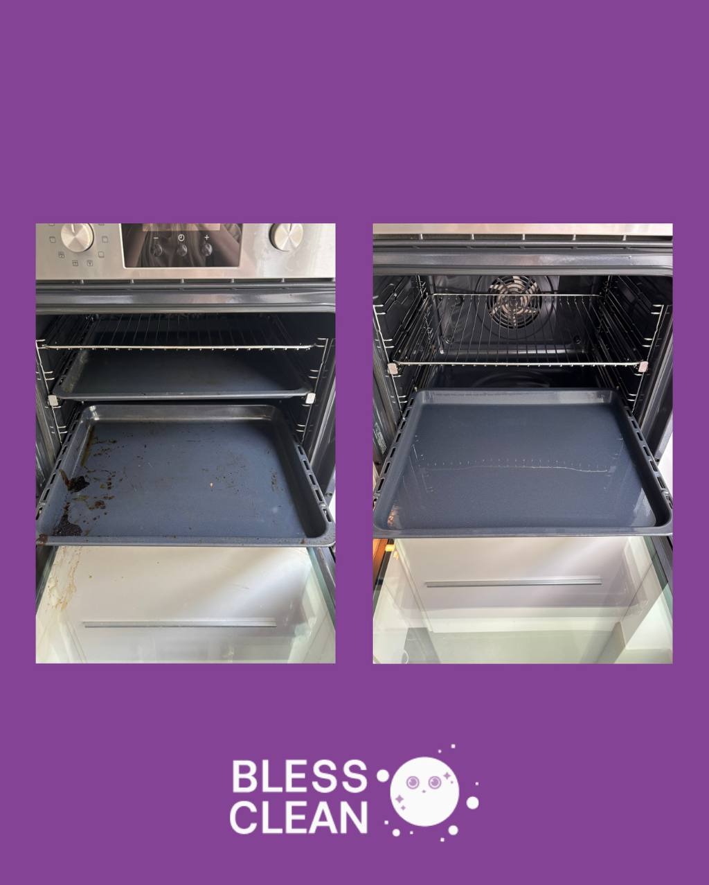 Piekarnik przed i po czyszczeniu w Warszawie. Widoczne różnice w czystości wnętrza i blachy, prezentacja efektu sprzątania.