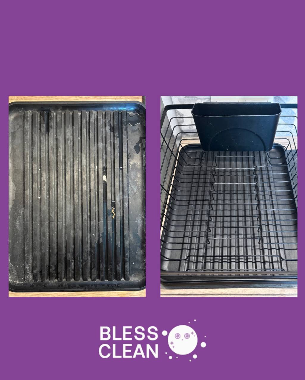 Zdjęcie 'przed i po' czyszczenia ociekacza na naczynia. Po lewej brudny, po prawej czysty, z metalową konstrukcją i pojemnikiem na sztućce. Widoczne logo firmy.