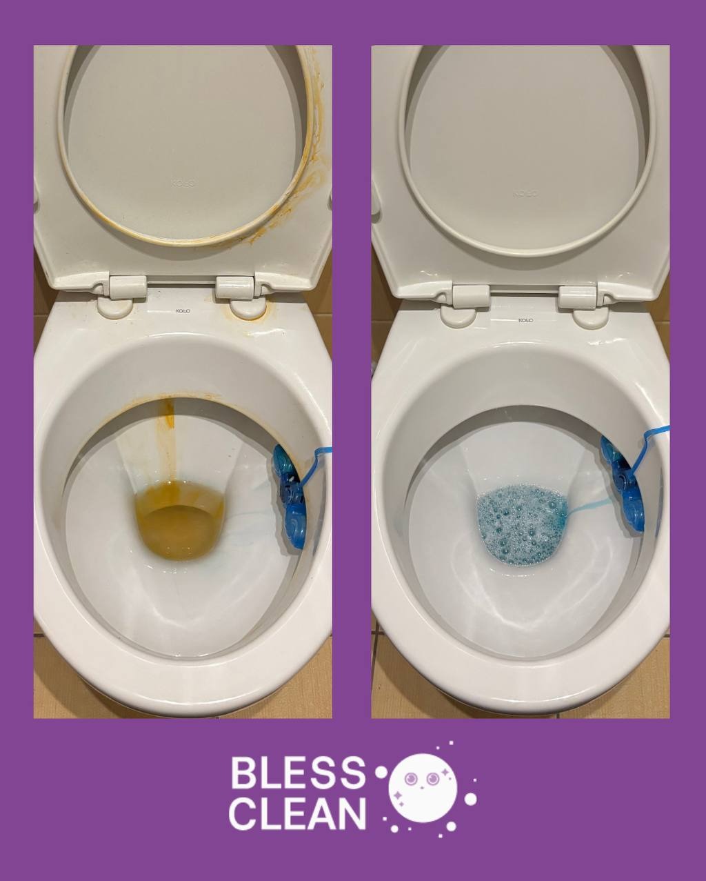 Toaleta przed i po czyszczeniu: po lewej silne zabrudzenia, po prawej muszla klozetowa z błękitną wodą i pianą, widoczne elementy mocujące kostkę czyszczącą.