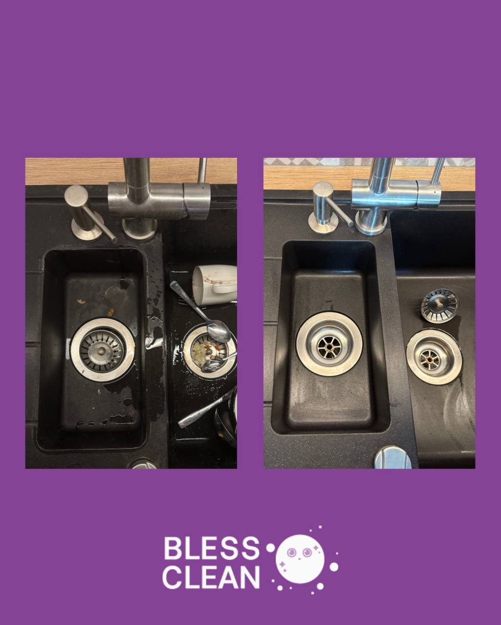 Zdjęcie typu 'przed i po' prezentujące czyszczenie zlewu kuchennego. Po lewej zlew zabrudzony naczyniami, po prawej czysty, z błyszczącym odpływem.