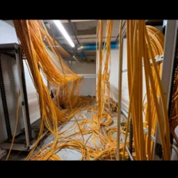 Rozciągnięte żółte kable w serwerowni w Zubrzycy Dolnej. Widok na metalowe stelaże i podwieszony system wentylacyjny. Etap prac instalacyjnych.