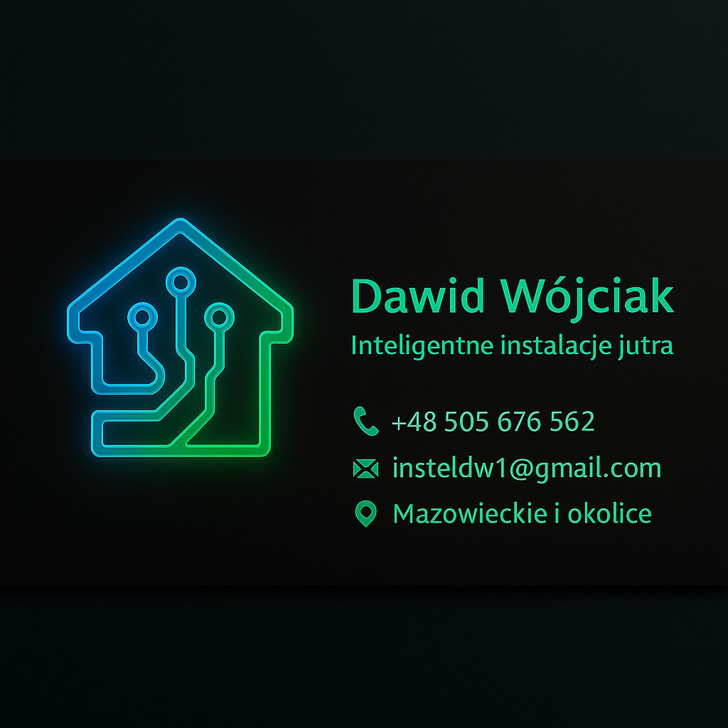 Neonowy logotyp firmy Dawid Wójciak, specjalizującej się w inteligentnych instalacjach. Symbol domu z obwodem drukowanym, numer telefonu, e-mail i obszar działania.