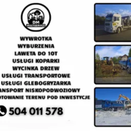 Kompozycja z logo firmy DM Multiservice, numerem telefonu i zdjęciami: laweta, koparka w akcji, wyw&oacute;z gruzu. Usługi: wywrotka, wyburzenia, transport, przygotowanie terenu.