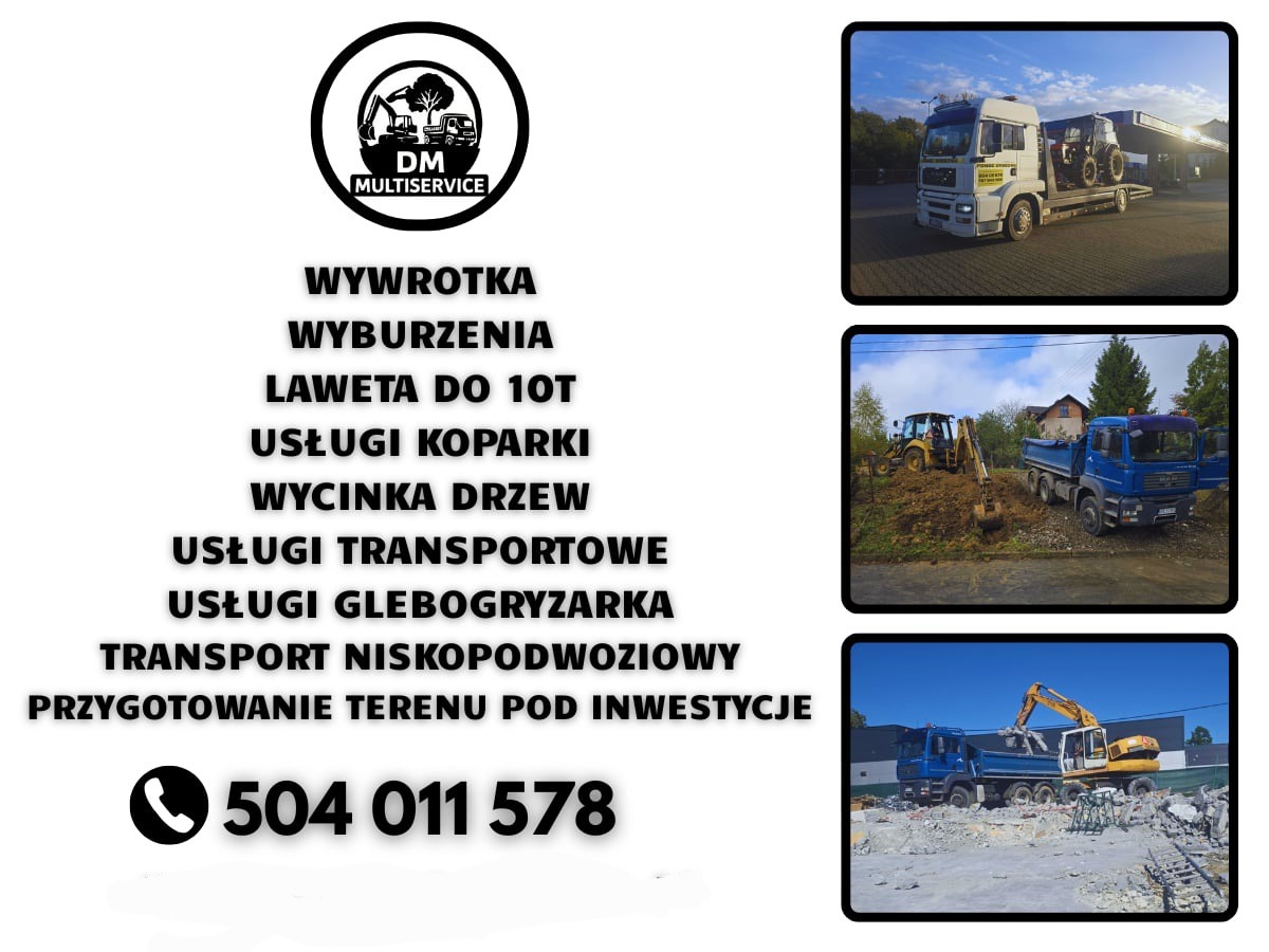 Kompozycja z logo firmy DM Multiservice, numerem telefonu i zdjęciami: laweta, koparka w akcji, wywóz gruzu. Usługi: wywrotka, wyburzenia, transport, przygotowanie terenu.