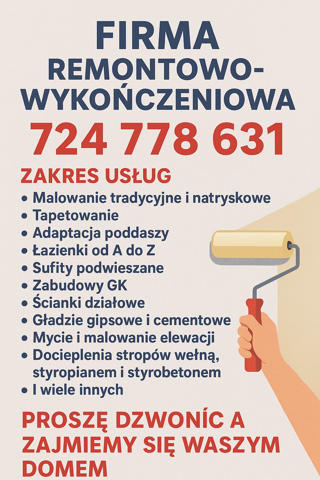 Grafika reklamowa firmy remontowo-wykończeniowej z numerem telefonu i zakresem usług, w tym malowanie, tapetowanie, adaptacja poddaszy i wykończenia łazienek.